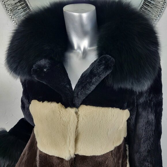 DIAGRAM~XS~BLACK ANIMAL PRINT GENUINE FOX FUR REAL CURLY LAMB MINK RABBIT COAT - Picture 10 of 16